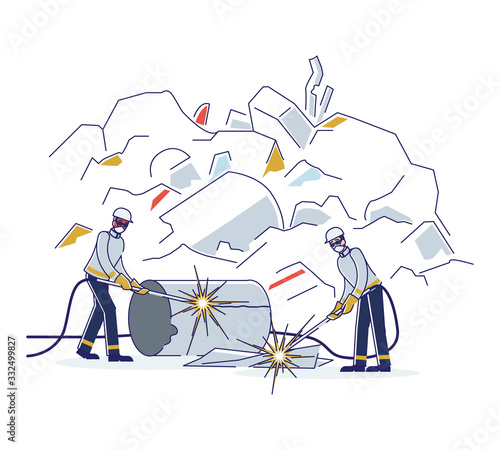 Recycling Plant For Old Broken Metal Things. Welders In Protective Uniform Working On Junkyard Cutting Old Scrap Metal With Torch For Recycling. Cartoon Linear Outline Flat Style. Vector Illustration