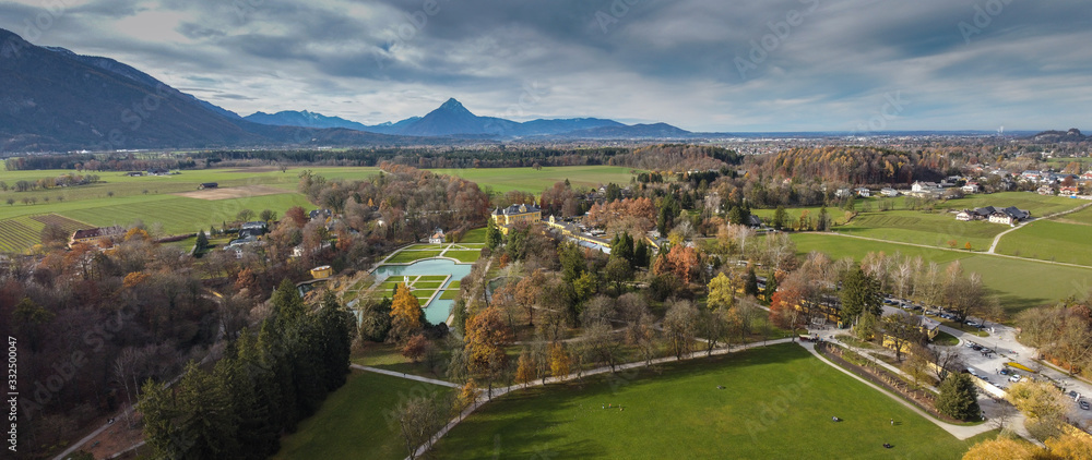 Drone or aerial panorama or Hellbrunn Palace or Schloss Hellbrunn in Salzburg,