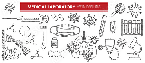 Medical Laboratory hand drawn vector medical illustration. Doodle epidemiology concept. Coronavirus pandemic risk design