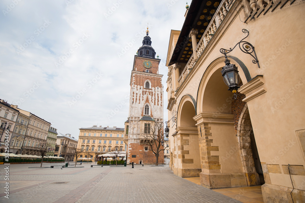 Cracow, Town Hall Tower, Poland's historic center, a old town with ancient architecture. Quarantine in the city