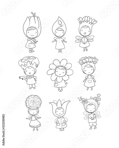Cute cartoon flower fairies. Forest gnomes. Fairytale creatures. Funny kids