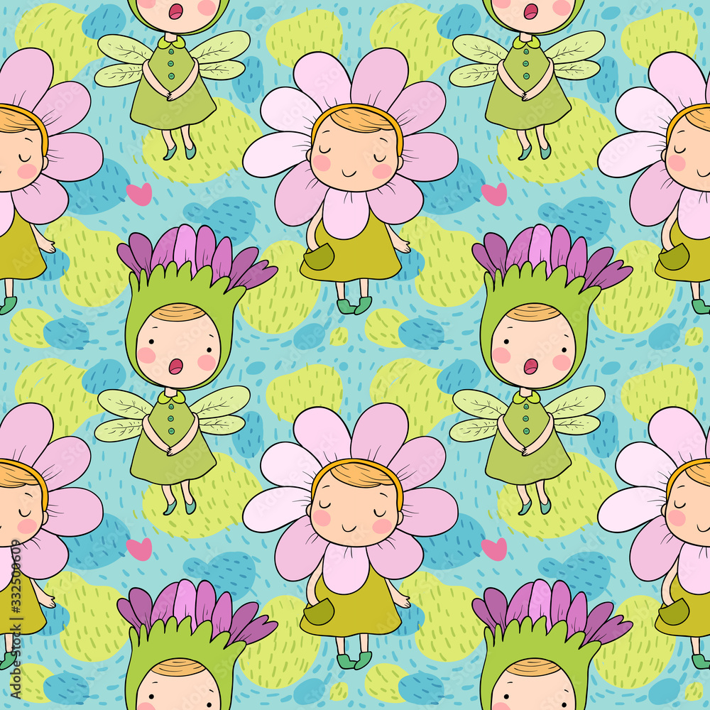 Pattern with Cute cartoon flower fairies. Forest gnomes. Fairytale creatures. Funny kids Pattern with Cute cartoon flower fairies. Forest gnomes. Fairytale creatures. Funny kids