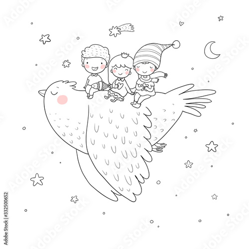 Cute cartoon kids are flying on a bird. Funny gnomes and princess. Little elves. small children