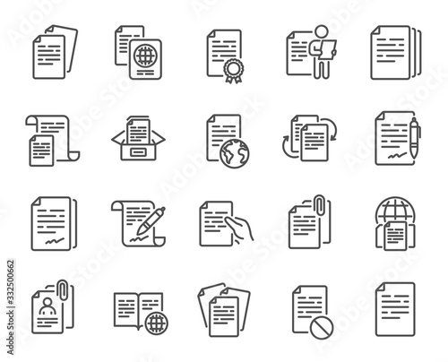 Documents line icons. Copy files, Contract agreement, Passport. CV interview, documents workflow, attachment clip icons. Change files, wrong document, bureaucracy and contract signature. Vector