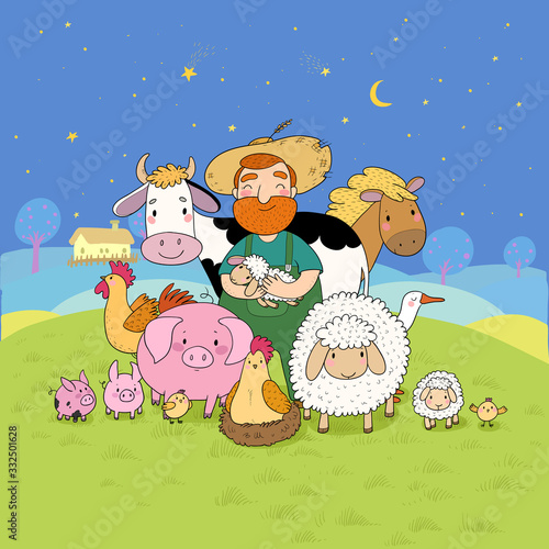 Cute cartoon farmer and animals. Country man and cow, horse and sheep, chicken and goose, pig and rooster.