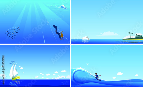 Illustrations set of surfing, diving and sailing 