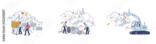 Scrap Metal Concept. Workers Work On Junkyard, Sorting Piles Of Scrap Metal. People Bring Old Metal Things, Broken Technique to Recycling Plant. Cartoon Linear Outline Flat Vector Illustrations Set