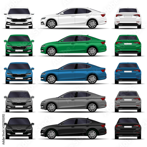 realistic cars set. sedan. side view, front view, back view.