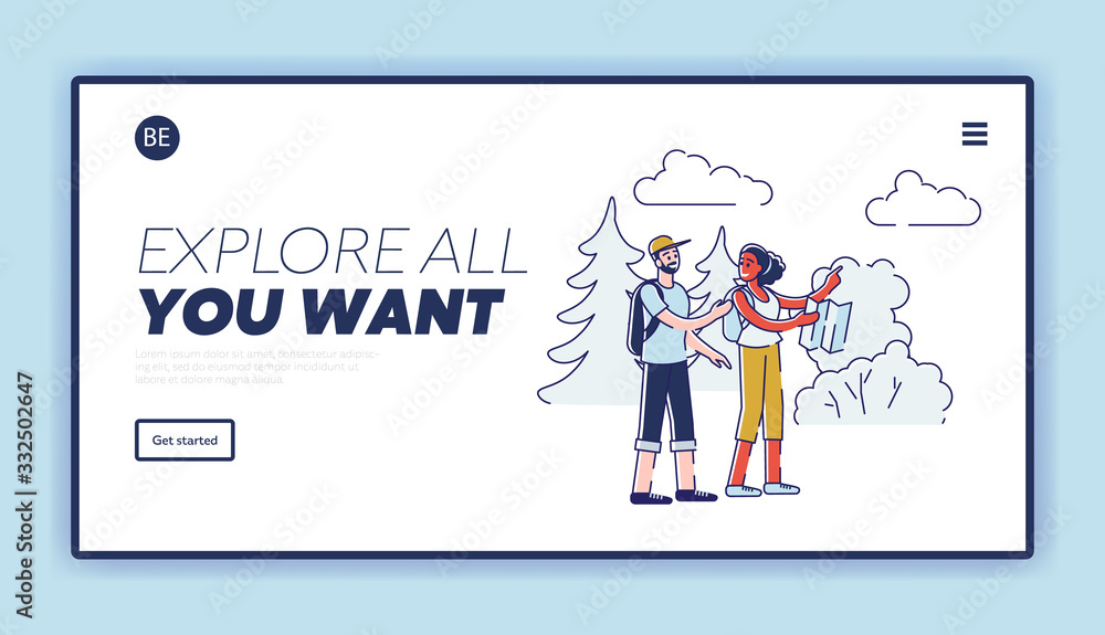 Concept Of Hiking And Camping. Website Landing Page. People Have A Good Time Outdoor. Male And Female Characters Going Hike In Woods. Web Page Cartoon Linear Outline Flat Style. Vector Illustration