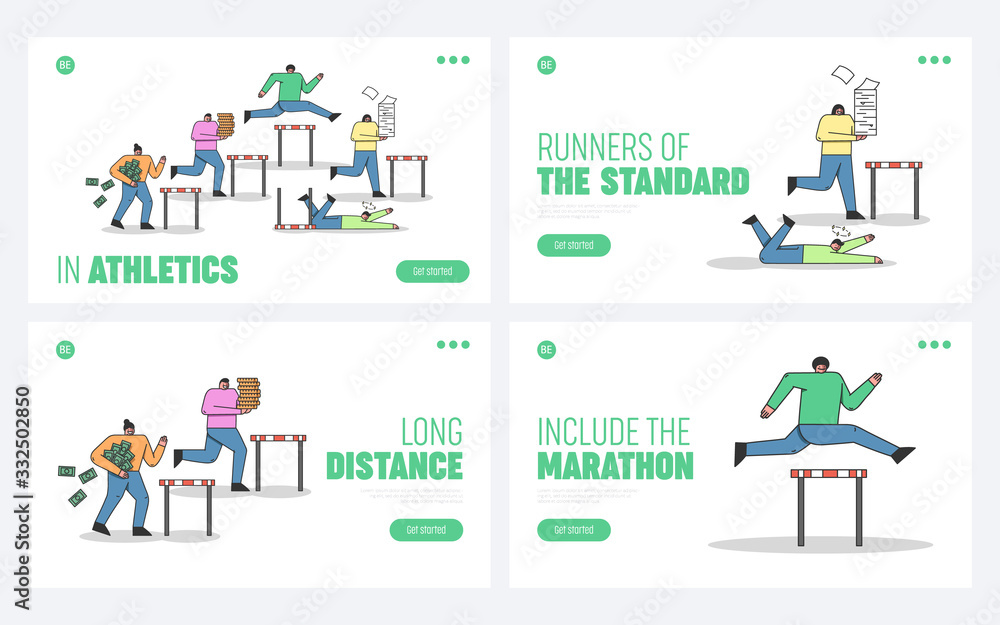 Website Landing Page. Business People Are Overcoming Different Barriers On Their Work Process. Metaphor Of Business Like Steeplechase. Web Page Cartoon Linear Flat Style. Vector Illustrations Set