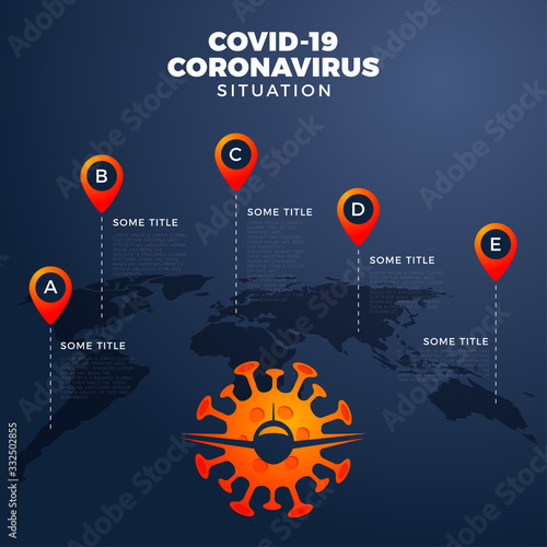 Covid-19, Covid 19 map with infographic report worldwide globally. Coronavirus disease 2019 situation update worldwide. Maps infographic area show situation in the world. Flight cancelled with plain