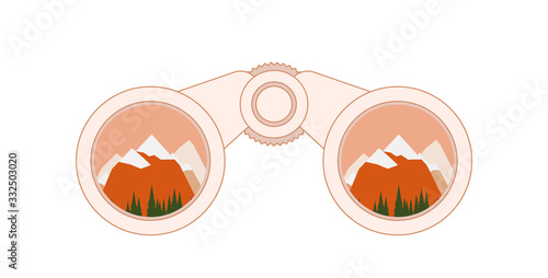 Binocular with hills, mountains and ocean beach inside