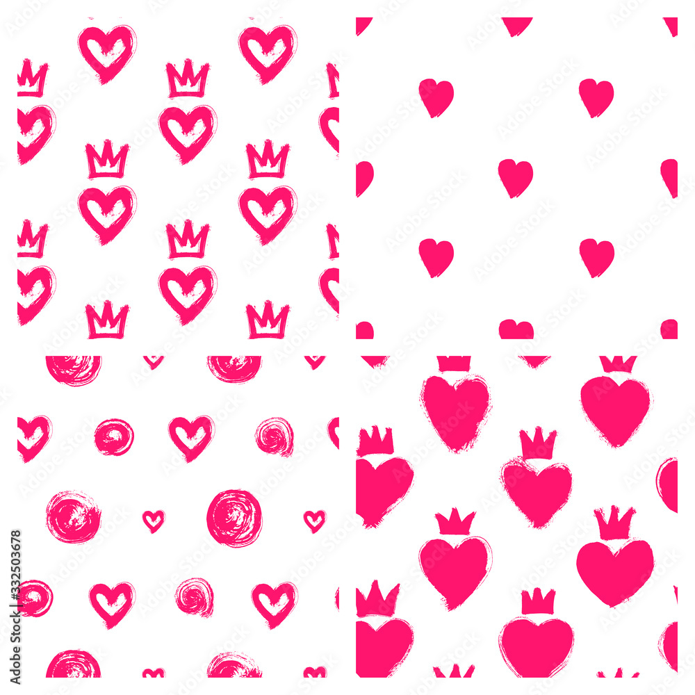 Set of 4 Valentine's Day, bridal seamless patterns with hearts, crowns, circles. Cute wallpapers for wrapping paper, invitation cards, linens, etc. White vector backgrounds. Set of 4 Valentine's Day, bridal seamless patterns with hearts, crowns, circles. Cute wallpapers for wrapping paper, invitation cards, linens, etc. White vector backgrounds.