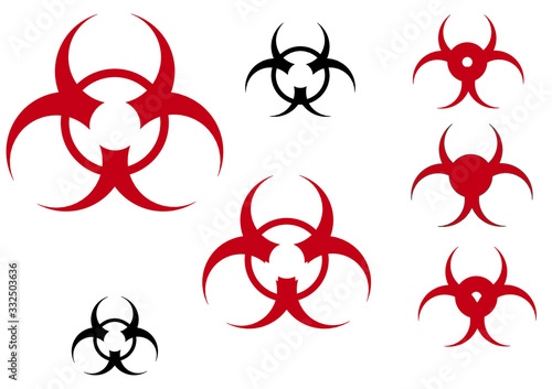 Biohazard biological danger sign plus viruses signs design based on classical biohazard shape  symbolic coronavirus  covid-19 pandemy caution  editable warning  icons creative logo design