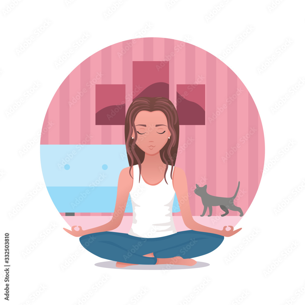 Online yoga icon. Meditation or fitness at home. Cartoon style cute girl in casual clothes with cat meditating online in her room for logo, banner voucher or mobile app. Vector flat illustration Online yoga icon. Meditation or fitness at home. Cartoon style cute girl in casual clothes with cat meditating online in her room for logo, banner voucher or mobile app. Vector flat illustration