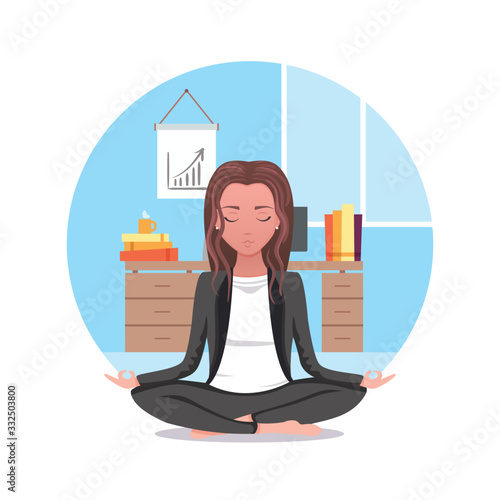 Business yoga concept, woman meditates, make plans and generates ideas on white isolated background. Office concentration yoga, meditation zen pose, hand drawn cartoon vector illustration.