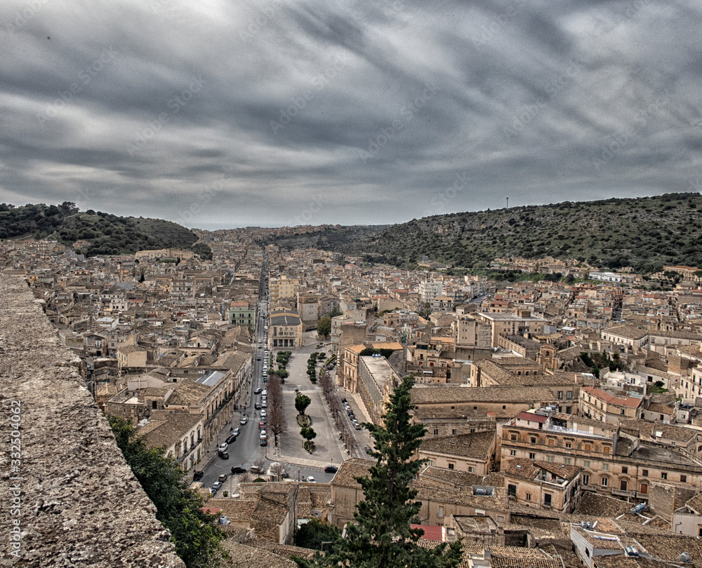 Scicli cityscape. View to Historical Buildings. Sicily, Italy.