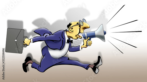 A cartoon human Manager runs with a megaphone in his hands.
