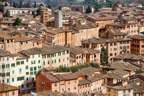 aerial view over roofs of the Siena, medieval town, capital of the province of Siena in Tuscany, Italy