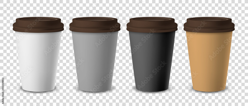 Vector 3d Realistic Disposable Closed Paper, Plastic Coffee Cup for Drinks with Brown Lid Set Closeup Isolated on Transparent Background. Design Template, Mockup. Front View Vector 3d Realistic Disposable Closed Paper, Plastic Coffee Cup for Drinks with Brown Lid Set Closeup Isolated on Transparent Background. Design Template, Mockup. Front View