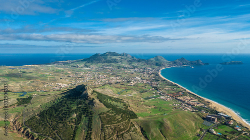 Aerial view of Porto Santo island with "Pico de Ana Ferreira" as foreground, Porto Santo, Madeira, Portugal
