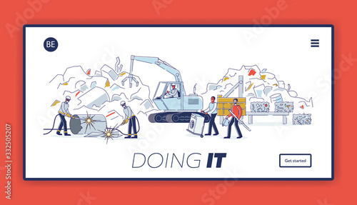 Scrap Metal Recycling Process. Website Landing Page. Men Sorting Piles Of Scrap Metal. People Bring Old Metal Broken Technique To Recycle. Web Page Cartoon Linear Outline Flat Vector Illustration