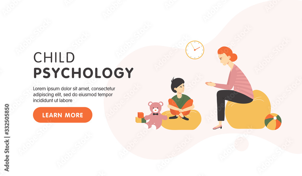 Child psychology landing page. Psychiatrist has conversation with boy. Family psychotherapy session for children with mental problems. Vector flat cartoon illustration