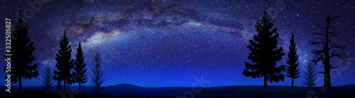 horizontal banner. Milky way night panorama with silhuettes of mountains and trees.