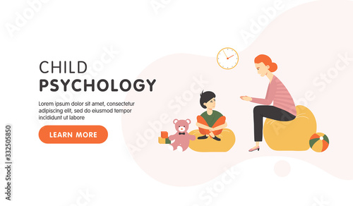 Child psychology landing page. Psychiatrist has conversation with boy. Family psychotherapy session for children with mental problems. Vector flat cartoon illustration