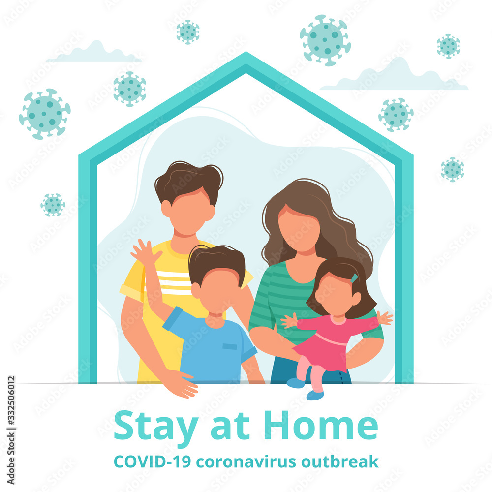 Family staying at home in self quarantine, protection from virus. Coronavirus outbreak concept. Vector illustration in flat style Family staying at home in self quarantine, protection from virus. Coronavirus outbreak concept. Vector illustration in flat style