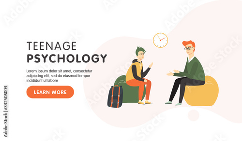 Teenager psychotherapy landing page design. Professional psychologist speaking with teenage patient. Vector flat cartoon illustration