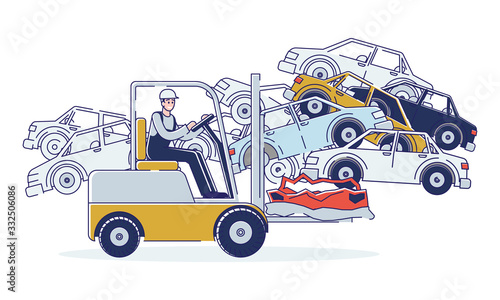 Concept Of Utilization Of Vehicles. Man Is Working On Junkyard Sorting Old Used Automobiles And Piles of Damaged Cars. Character Working On Forklift. Cartoon Linear Outline Flat Vector Illustration