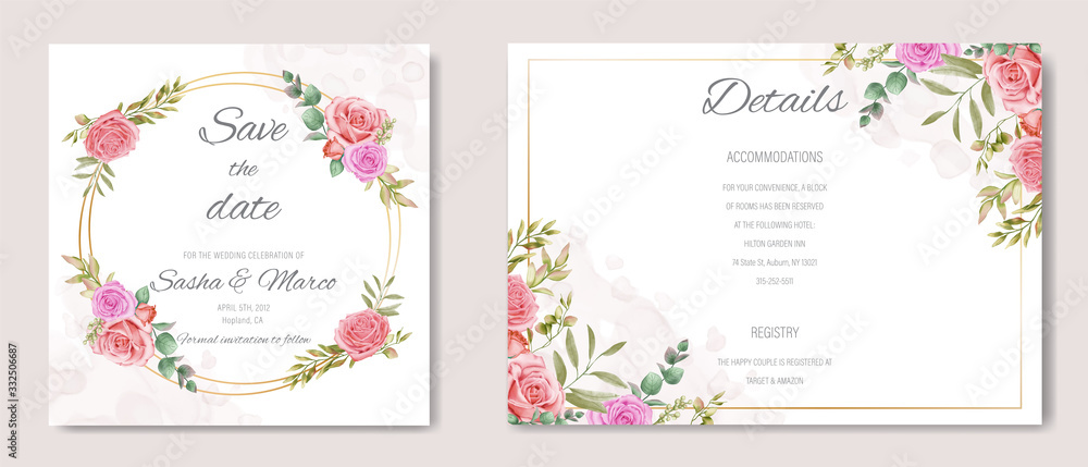 Romantic wedding invitation template with watercolor leaf ornament and gold frame