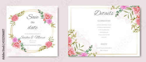 Romantic wedding invitation template with watercolor leaf ornament and gold frame