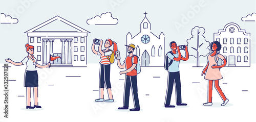 Travelling Concept. Tourist Guide Stand With Red Flag In Front Of Famous Building, Ready To Explain Details About City Or Country For Visitors. Cartoon Linear Outline Flat Style. Vector Illustration