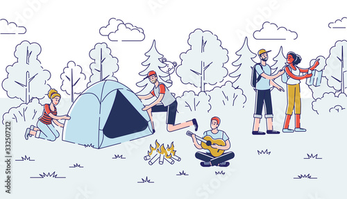 Camping Concept. People Have A Good Time Outdoor. Cheerful Characters Pitching The Tent, Going On Hike, Playing The Guitar And Singing The Songs. Cartoon Linear Outline Flat Vector Illustration