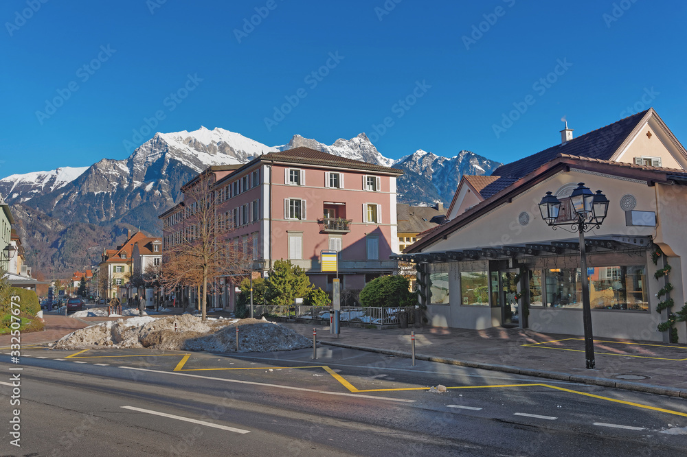 Street view and the Alps in the Town of Bad Ragaz