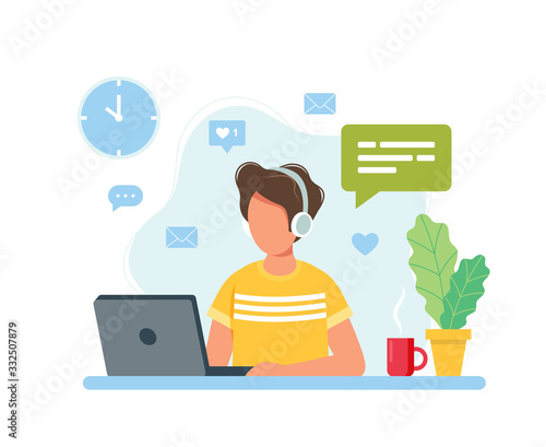 Home office concept, man working from home, student or freelancer. Cute vector illustration in flat style