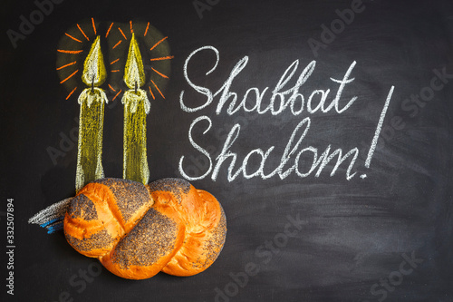 Obraz na płótnie Shabbat Shalom - Jewish and Hebrew greetings. Candles painted on a chalkboard. May you dwell in completeness on this seventh day. w salonie