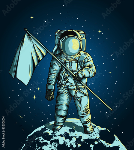 Fotografia Astronaut holding a flag over the moon with star space in the background