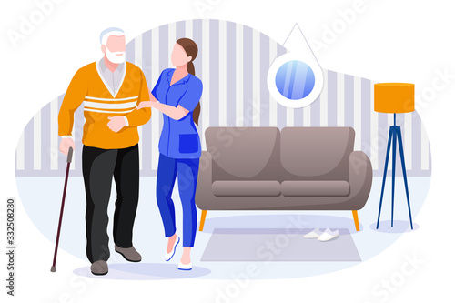 Home care services for seniors. Nurse or volunteer worker taking care of elderly man. Vector characters illustration