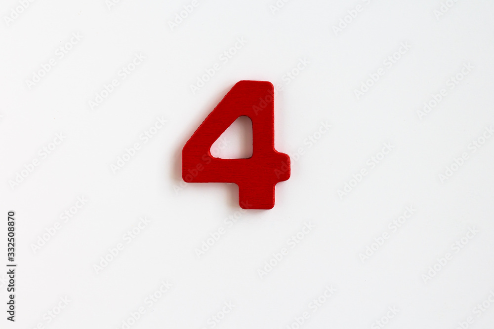 red painted wooden number four, craft sign for kid's education isolated, ecological concept red painted wooden number four, craft sign for kid's education isolated, ecological concept