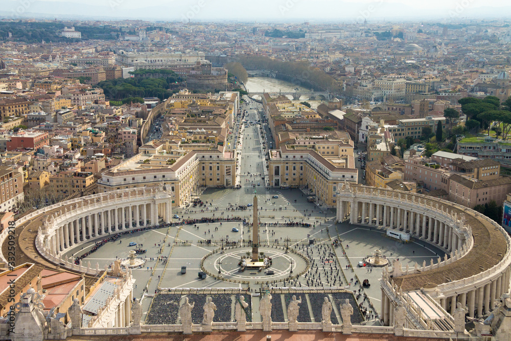 Aerial view of St Peter's square in Vatican City on a sunny autumn day, Rome, Italy.