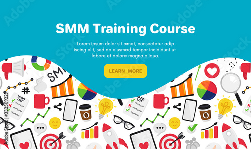 Vector background with smm elements. Social Media Marketing. Reach and promotion among target audience. Landing page, banner, mailing, presentation, header. Advertising for marketers, digital agency