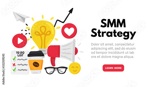 Vector background with smm elements. Social Media Marketing. Reach and promotion among target audience. Landing page, banner, mailing, presentation, header. Advertising for marketers, digital agency