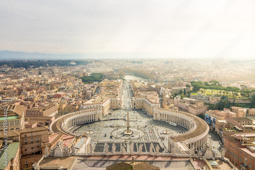 Aerial view of St Peter's square in Vatican City, Rome, Italy with sunlight. Top view.