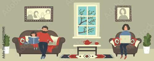 Family stay at home. Mother working with laptop, while father takes care of daughter reading book. Busy woman on online distance work. Female freelancer sitting in cozy armchair. 