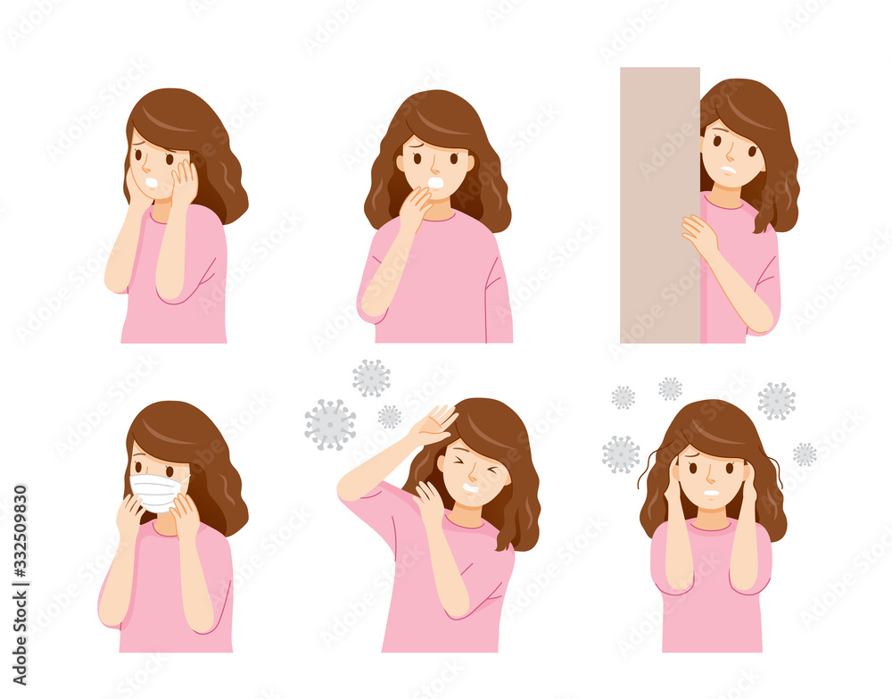 Set Of Woman With Actions Fearing Coronavirus Disease, Covid-19, Virus Set Of Woman With Actions Fearing Coronavirus Disease, Covid-19, Virus