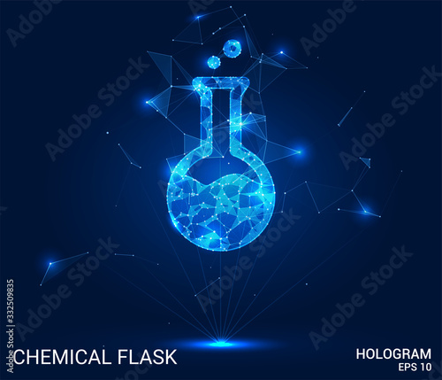 A hologram of a chemical flask. A chemical flask of polygons, triangles of points and lines. Chemistry low-poly compound structure. The technology concept.