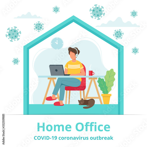 Home office during coronavirus outbreak concept, male employee works from home. Vector illustration in flat style